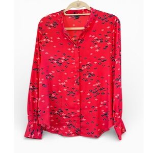 Ann Taylor Red & Floral‎ Lightweight Button Down M LS Business Casual Blouse